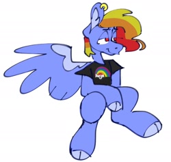 Size: 1654x1571 | Tagged: safe, artist:partyponypower, rainbow dash, pegasus, pony, g4, clothes, cloven hooves, ear piercing, piercing, shirt, simple background, sitting, smiling, smirk, solo, spread wings, t-shirt, white background, wings