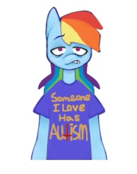 Size: 879x1117 | Tagged: safe, artist:partyponypower, rainbow dash, pegasus, anthro, g4, clothes, frown, looking at you, shirt, simple background, solo, standing, t-shirt, text, white background