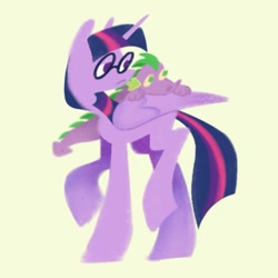 Size: 1200x1200 | Tagged: safe, artist:partyponypower, spike, twilight sparkle, alicorn, dragon, pony, g4, female, frown, glasses, lidded eyes, looking back, male, mare, raised hoof, simple background, standing, twilight sparkle (alicorn)