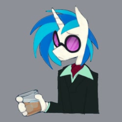 Size: 1000x1000 | Tagged: safe, artist:partyponypower, dj pon-3, vinyl scratch, unicorn, anthro, g4, alcohol, clothes, frown, glasses, hand, simple background, solo