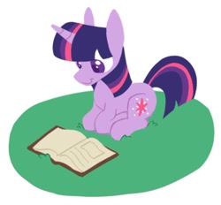 Size: 940x871 | Tagged: safe, artist:partyponypower, twilight sparkle, pony, unicorn, g4, book, looking down, lying down, simple background, smiling, solo, unicorn twilight, white background
