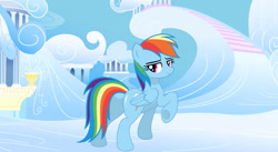 Size: 1207x662 | Tagged: safe, artist:mlpfan3991, rainbow dash, pegasus, pony, g4, 20% cooler, butt, cloudsdale, female, flank, jpg, looking at you, looking back, looking back at you, plot, rainbutt dash, solo