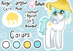 Size: 1069x747 | Tagged: safe, artist:sinnamonsol, oc, oc:angel jellystar, jellyfish, pegasus, pony, blue mane, female, female symbol, folded wings, hat, highlights, mare, pegasus oc, reference sheet, solo, teenager, white coat, wings, yellow eyes