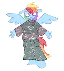 Size: 900x999 | Tagged: safe, artist:partyponypower, rainbow dash, pegasus, anthro, g4, clothes, hand, heart, hooves, looking at you, open arms, simple background, smiling, solo, spread wings, standing, white background, wings