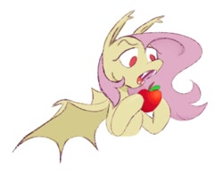Size: 1000x784 | Tagged: safe, artist:partyponypower, fluttershy, bat pony, pony, g4, apple, bat ponified, bust, fangs, flutterbat, food, race swap, red eyes, sharp teeth, simple background, solo, spread wings, teeth, white background, wings