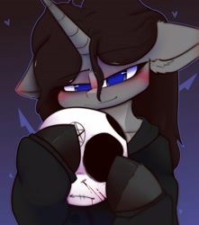 Size: 3000x3400 | Tagged: safe, artist:thealleycatc8, oc, oc only, pony, unicorn, bust, floppy ears, gradient background, high res, horn, mask, solo, unicorn oc