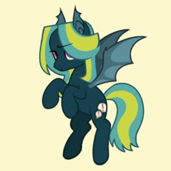 Size: 1000x1000 | Tagged: safe, artist:partyponypower, oc, oc:nonapplicable, bat pony, pony, bat pony oc, fangs, flying, raised hoof, simple background, smiling, solo, spread wings, wings