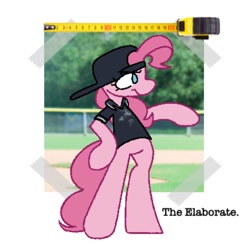 Size: 1000x1000 | Tagged: safe, artist:partyponypower, pinkie pie, earth pony, pony, g4, clothes, hat, hoof on hip, shirt, simple background, solo, standing on two hooves, text