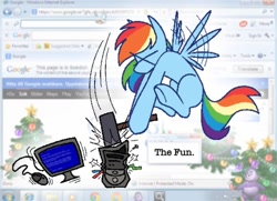 Size: 1000x723 | Tagged: safe, artist:partyponypower, rainbow dash, pegasus, pony, g4, blue screen of death, bonzi buddy, computer, flying, hammer, internet explorer, microsoft windows, solo, spread wings, text, vinesauce, windows 7, wings