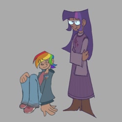 Size: 1000x1000 | Tagged: safe, artist:partyponypower, rainbow dash, twilight sparkle, human, g4, clothes, denim, duo, freckles, glasses, gray background, humanized, jacket, jeans, pants, simple background, sitting, skirt, smiling, standing