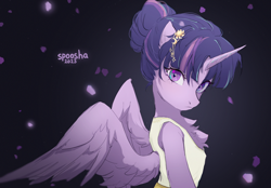 Size: 2708x1888 | Tagged: safe, artist:spoosha, twilight sparkle, alicorn, semi-anthro, g4, alternate hairstyle, ballerina, bipedal, chest fluff, clothes, concave belly, eyelashes, female, high res, jewelry, looking at you, mare, partially open wings, signature, slender, solo, thin, tutu, twilarina, twilight sparkle (alicorn), wings