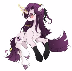 Size: 2560x2539 | Tagged: safe, artist:spoosha, oc, oc only, pony, unicorn, chest fluff, curved horn, glasses, glowing, glowing horn, high res, horn, simple background, solo, unicorn oc, unshorn fetlocks, white background