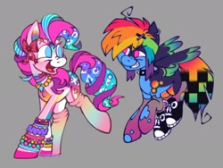Size: 2048x1536 | Tagged: safe, artist:partyponypower, pinkie pie, rainbow dash, earth pony, pegasus, pony, g4, clothes, converse, gray background, shoes, simple background, smiling, solo