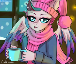 Size: 3746x3177 | Tagged: safe, artist:cali luminos, zipp storm, pegasus, anthro, g5, bust, clothes, coffee, commission, fanart, female, high res, mare, mug, portrait, scarf, snow, solo, window, winter, winter outfit, ych result