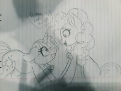 Size: 2048x1536 | Tagged: safe, artist:yourpennypal, pinkie pie, twilight sparkle, pony, unicorn, g4, chest fluff, dialogue, floppy ears, graph paper, lined paper, pinkie sense, text, traditional art, unicorn twilight