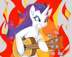 Size: 1882x1509 | Tagged: safe, artist:ecstasydemon, rarity, pony, unicorn, g4, honest apple, angry, female, fire, gritted teeth, guitar, guitarity, mare, musical instrument, scene interpretation, solo, teeth