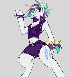 Size: 1381x1509 | Tagged: safe, artist:ecstasydemon, rarity, unicorn, semi-anthro, g4, alternate hairstyle, arm hooves, clothes, hooves, midriff, punk, raripunk, shorts, smiling, solo, spiked wristband, standing, standing on two hooves, wristband