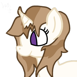 Size: 720x720 | Tagged: safe, artist:fluffymarsh, oc, oc only, oc:fluffymarsh, pony, unicorn, brown mane, female, first drawing, food, happy, horn, mare, marshmallow, purple eyes, show accurate, signature, simple background, solo, transparent background, unicorn oc