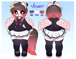 Size: 3480x2721 | Tagged: safe, artist:arwencuack, oc, oc:arwencuack, pegasus, anthro, arm hooves, bandaid, bandaid on nose, clothes, commission, high res, hoodie, reference, shoes, skirt, solo, stockings, thigh highs, tongue out, zettai ryouiki