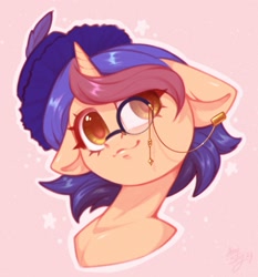 Size: 1821x1956 | Tagged: safe, artist:amishy, oc, oc only, pony, unicorn, bust, female, floppy ears, hat, horn, mare, monocle, outline, pink background, simple background, smiling, solo, unicorn oc