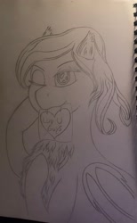 Size: 2475x4029 | Tagged: safe, artist:darkini von blessy, oc, oc only, bat pony, pony, drawing, happy, heart, lineart, monochrome, pencil drawing, pony oc, sketch, sketchbook, smiling, solo, traditional art