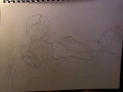 Size: 4032x3024 | Tagged: safe, artist:darkini von blessy, oc, oc only, pony, bed, clothes, computer, drawing, eyes closed, happy, laptop computer, lineart, lying down, monochrome, pencil drawing, pony oc, relaxing, sketch, sketchbook, smiling, solo, traditional art