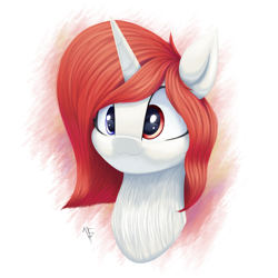 Size: 1600x1600 | Tagged: safe, artist:t15, oc, oc only, pony, unicorn, bust, commission, horn, multicolored eyes, red mane, signature, simple background, smiling, solo, unicorn oc