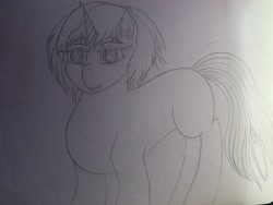 Size: 4032x3024 | Tagged: safe, artist:darkini von blessy, oc, oc only, pony, unicorn, drawing, horn, lineart, monochrome, pencil drawing, pony oc, sketch, sketchbook, solo, standing, traditional art, unicorn oc