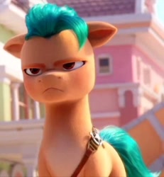 Size: 714x774 | Tagged: safe, screencap, hitch trailblazer, earth pony, pony, g5, my little pony: a new generation, spoiler:my little pony: a new generation, :<, angry, concept art, cropped, cute, floppy ears, frown, grumpy, hitch trailblazer is not amused, hitchbetes, madorable, male, maretime bay, meme template, scowl, solo, stallion, unamused