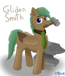 Size: 920x1080 | Tagged: safe, artist:💎blue, oc, oc only, oc:gliden smith, pegasus, pony, anvil, blue eyes, green mane, hammer, male, mouth hold, necktie, pegasus oc, simple background, solo, tall, transparent background, wings
