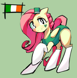 Size: 3640x3719 | Tagged: safe, artist:solid shrimp, fluttershy, pegasus, pony, g4, clothes, green background, hat, high res, holiday, ireland, irish, looking at you, one-piece swimsuit, saint patrick's day, simple background, smiling, socks, solo, sticker, swimsuit