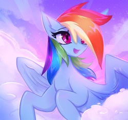 Size: 2048x1930 | Tagged: safe, artist:qwennondeathdie, rainbow dash, pegasus, pony, g4, cloud, cute, dashabetes, female, mare, open mouth, solo, wings