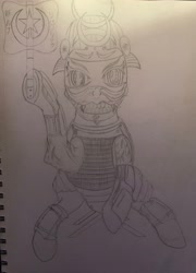 Size: 2747x3820 | Tagged: safe, artist:darkini von blessy, oc, oc only, pony, armor, armor skirt, armored pony, drawing, high res, lineart, mask, monochrome, pencil drawing, pony oc, samurai, sitting, sketch, sketchbook, skirt, solo, traditional art