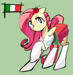 Size: 3640x3719 | Tagged: safe, alternate version, artist:solid shrimp, fluttershy, pegasus, pony, g4, blouse, clothes, female, food, hat, high res, italy, looking at you, mare, skirt, smiling, socks, solo, tomato