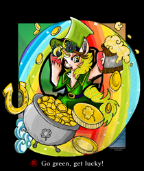 Size: 3024x3600 | Tagged: safe, artist:dzhu.sokolov, artist:sally stuart, oc, oc:mignon mcmahon, pony, unicorn, cauldron, gold, gold coins, high res, holiday, irish, rainbow, saint patrick's day, solo