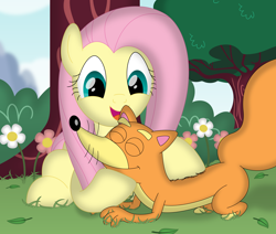 Size: 3488x2958 | Tagged: safe, artist:porygon2z, fluttershy, fox, pegasus, pony, g4, countershading, crossover, dora the explorer, duo, female, flower, grass, high res, leaves, male, mare, swiper the fox, tree, unmasked