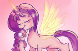 Size: 2058x1369 | Tagged: safe, anonymous artist, sunny starscout, alicorn, pony, series:anorexic sunny, g5, cured, cute, eyes closed, female, food, happy, healed, horn, ice cream, ice cream cone, licking, magic, magic horn, magic wings, mane stripe sunny, race swap, solo, sunnybetes, sunnycorn, tongue out, wings