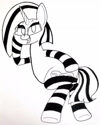 Size: 2863x3569 | Tagged: safe, artist:spoopygirl, oc, oc only, pony, unicorn, clothes, glasses, high res, horn, ink, lineart, simple background, socks, solo, striped socks, traditional art, unicorn oc, white background
