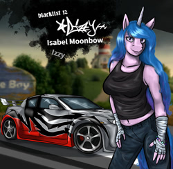 Size: 1024x1003 | Tagged: safe, alternate version, artist:zsnowfilez, izzy moonbow, unicorn, anthro, g5, blacklist, car, female, maretime bay, mazda, need for speed, need for speed: most wanted, solo