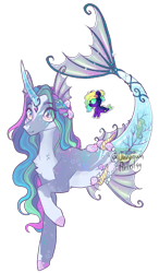 Size: 594x1018 | Tagged: safe, artist:unknown-artist99, oc, oc only, hybrid, merpony, pony, seahorse, seapony (g4), unicorn, bubble, coral, curved horn, dorsal fin, female, fin, fins, fish tail, flowing mane, flowing tail, glass, horn, jewelry, logo, mare, mermaid tail, multicolored hair, necklace, pearl necklace, pink eyes, seaponified, seashell, signature, simple background, smiling, solo, species swap, swimming, tail, translucent, transparent background, underwater, water