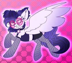 Size: 1700x1479 | Tagged: safe, artist:koa, artist:koapony, oc, oc only, oc:namii, pegasus, pony, clothes, collar, colored wings, ear piercing, earring, female, gradient wings, grin, jewelry, lip piercing, looking at you, mare, midriff, pants, pegasus oc, piercing, smiling, solo, stockings, sunglasses, thigh highs, wings