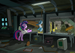 Size: 2920x2080 | Tagged: safe, artist:dddromm, trixie, twilight sparkle, pony, unicorn, fallout equestria, g4, clothes, ears back, factory, fanfic art, floppy ears, high res, impelled metamorphosis potion, lab coat, maripony, ministry mares, ministry of arcane sciences, splendid valley, this will end in death, unicorn twilight