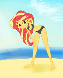 Size: 1191x1470 | Tagged: safe, artist:calmbreezes, sunset shimmer, human, equestria girls, g4, bare shoulders, barefoot, beach, clothes, feet, legs, sleeveless, solo, sunset shimmer swimsuit, sunset shimmer's beach shorts swimsuit, swimsuit