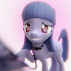 Size: 2160x2160 | Tagged: safe, artist:the luna fan, derpibooru exclusive, oc, oc only, oc:cosmia nebula, earth pony, pony, 3d, blender, choker, chromatic aberration, collar, earth pony oc, female, femsub, heart, heart eyes, high res, leash, looking at you, mare, pet play, raised hoof, smiling, smiling at you, solo, submissive, wingding eyes