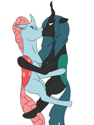 Size: 1200x1600 | Tagged: safe, artist:saint boniface, ocellus, queen chrysalis, changedling, changeling, changeling queen, g4, duo, female, kiss on the lips, kissing, lesbian, mare, simple background, white background
