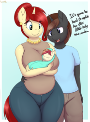 Size: 3343x4500 | Tagged: safe, artist:an-tonio, oc, oc only, oc:golden brooch, oc:twisty, unicorn, anthro, blue background, breasts, busty golden brooch, clothes, commission, dialogue, ear piercing, earring, eyes closed, family, father and child, female, foal, horn, illegitimate, jewelry, male, mare, mother and child, mother and son, necklace, piercing, simple background, stallion, wholesome