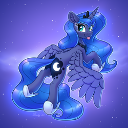 Size: 2480x2480 | Tagged: safe, artist:dandy, princess luna, alicorn, pony, g4, :3, crown, cute, ear fluff, eyebrows, eyebrows visible through hair, female, high res, horn, jewelry, looking at you, mare, regalia, solo, space, space background, spread wings, tongue out, wings