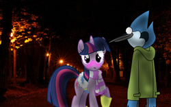 Size: 969x606 | Tagged: safe, artist:madelmena, twilight sparkle, bird, blue jay, pony, unicorn, g4, clothes, crossover, crossover shipping, female, jacket, male, mordecai, mordetwi, night, photoshop, regular show, scarf, shipping, straight, streetlight, winter outfit