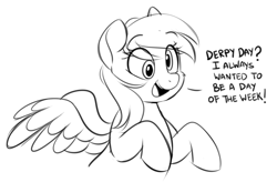 Size: 1102x721 | Tagged: safe, artist:higglytownhero, derpy hooves, pegasus, pony, g4, cute, derpabetes, derpy day, dialogue, eye clipping through hair, eyebrows, eyebrows visible through hair, female, grayscale, mare, monochrome, open mouth, simple background, sketch, solo, spread wings, talking, white background, wings