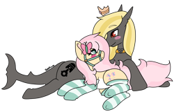 Size: 4000x2597 | Tagged: safe, artist:pastel-pony-princess, fluttershy, oc, oc:somebodyaswell, original species, pegasus, pony, shark, shark pony, g4, bridle, canon x oc, clothes, collar, crown, duo, halter, jewelry, simple background, socks, stockings, striped socks, tack, thigh highs, transparent background, wingless